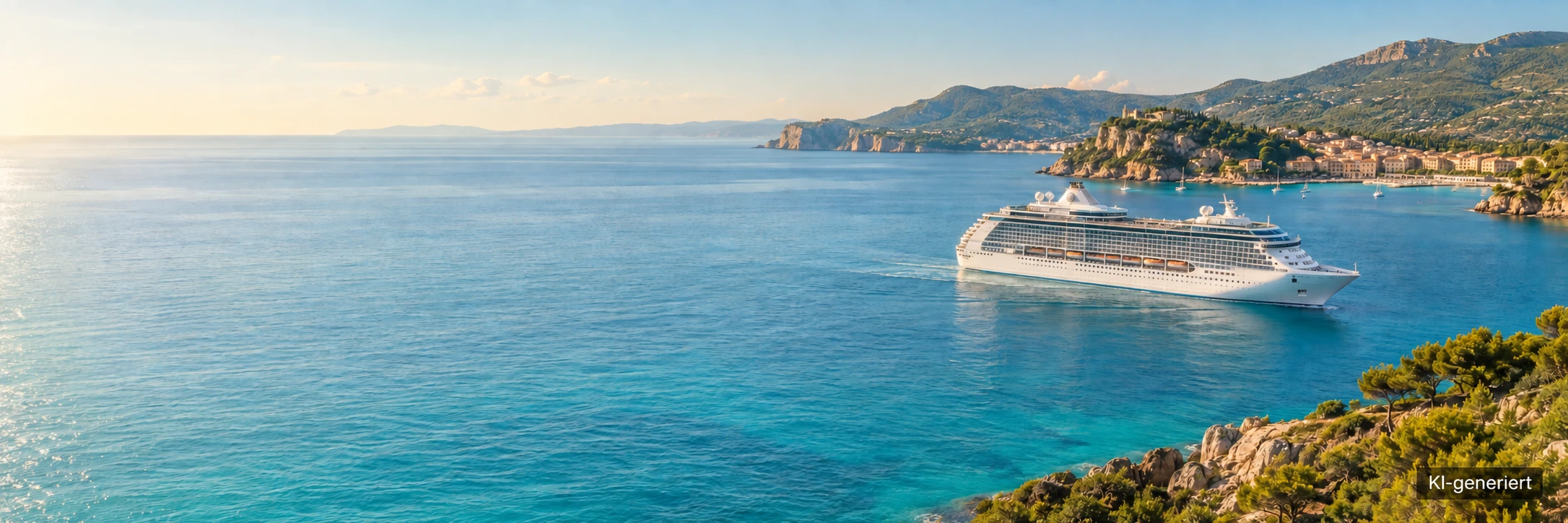 KI-generiertes Kreuzfahrtschiff vor einer mediterranen Küste; fiktives Urlaubsmotiv